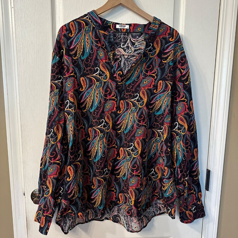 Coofandy | 3XL Colorful Multicolor Paisley Long Sleeve Top Cotton Hemp Roll Tab